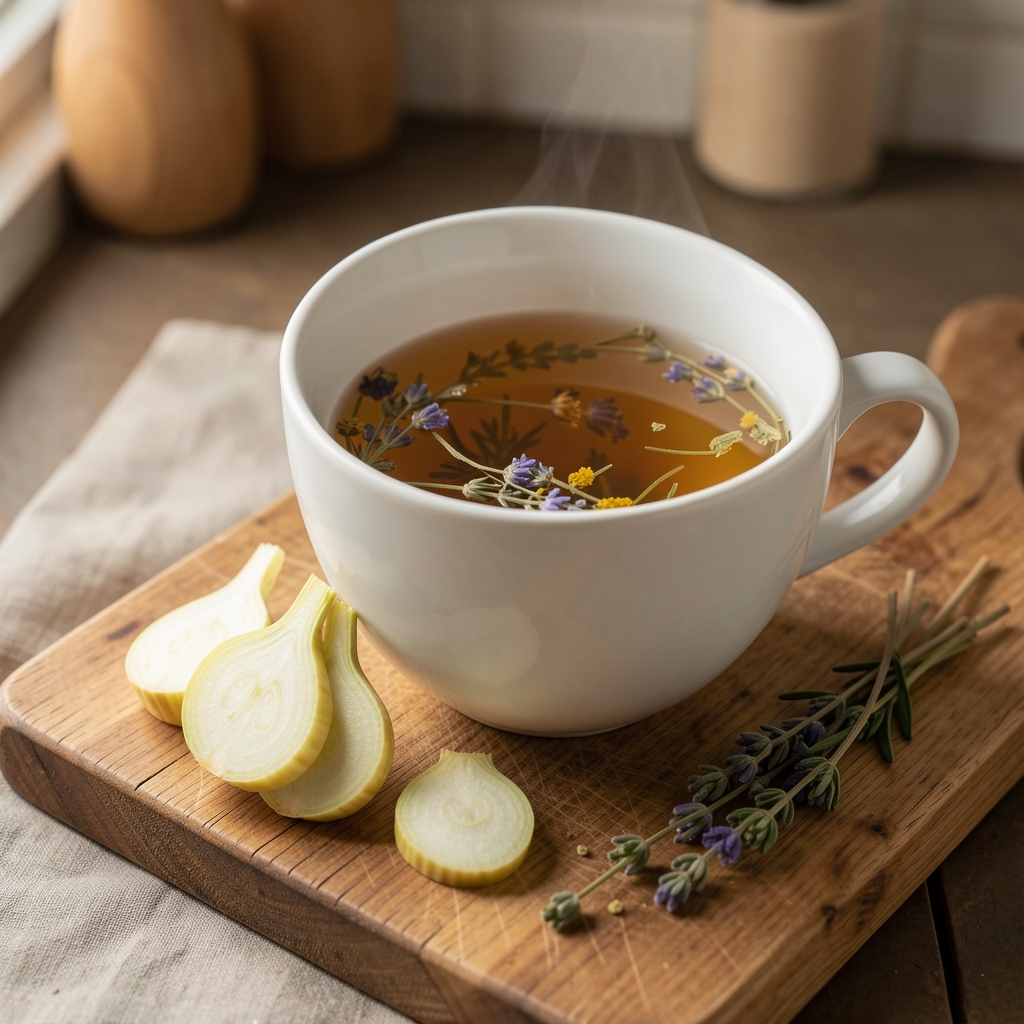 Friss gyömbérszeletek és gyógynövényes tea fehér csészében konyhai deszkán