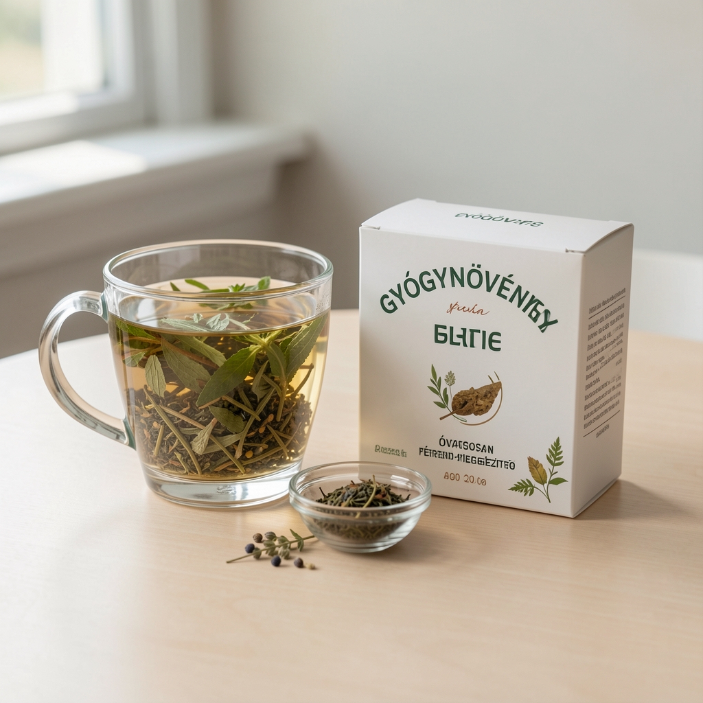 Gyógynövényes tea és óvatosan félretett étrend-kiegészítő doboz világos asztalon