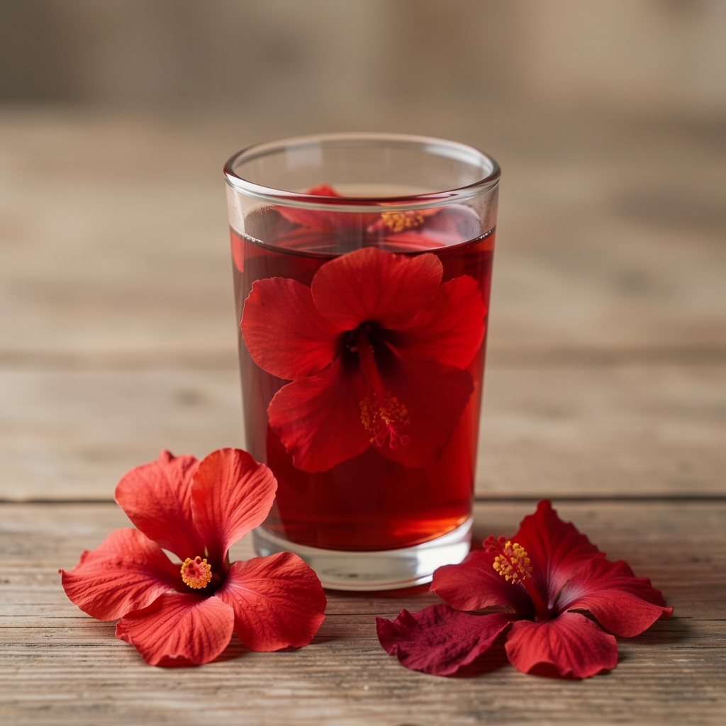Rubinvörös hibiszkuszital üvegpohárban szárított virágszirmok mellett