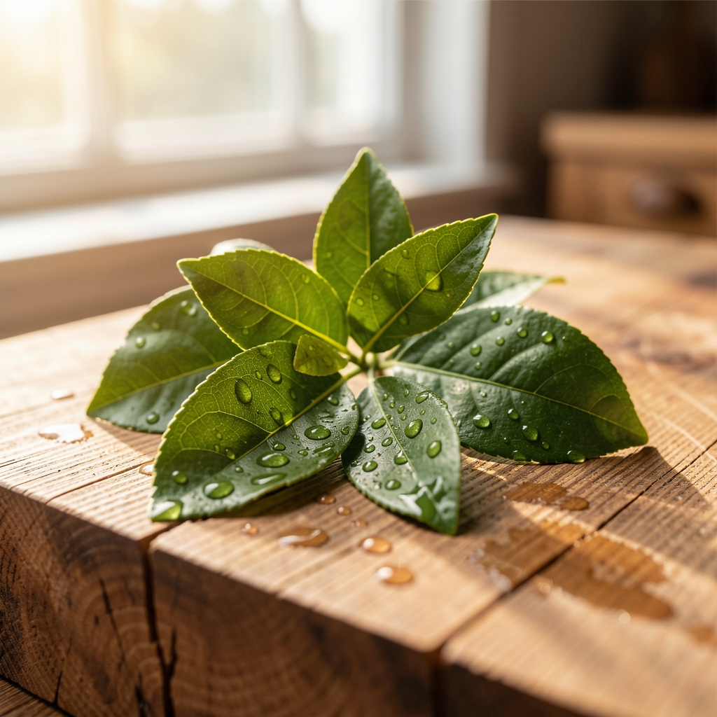 Friss citromfű levelek vizes cseppekkel fa vágódeszkán természetes ablakfényben