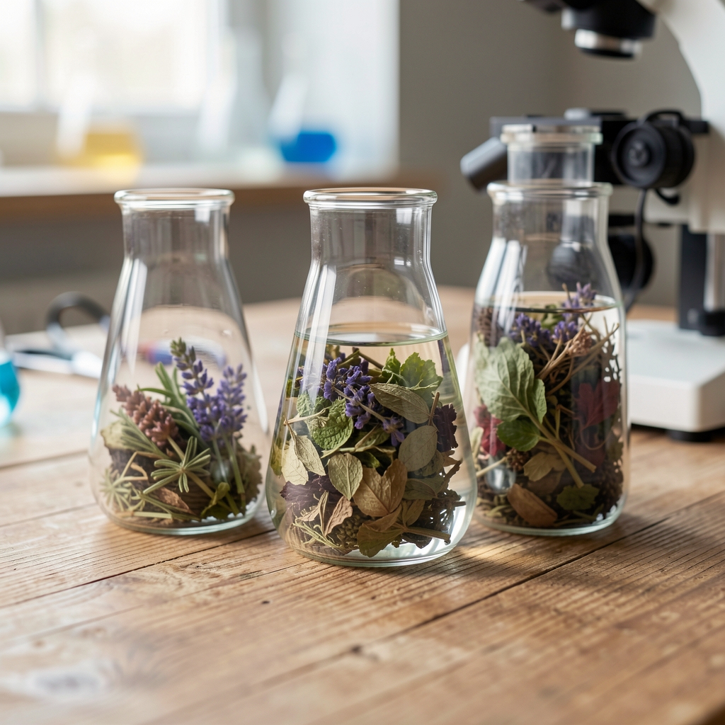 Laboratóriumi üvegedények gyógynövény-mintákkal fa munkafelületen