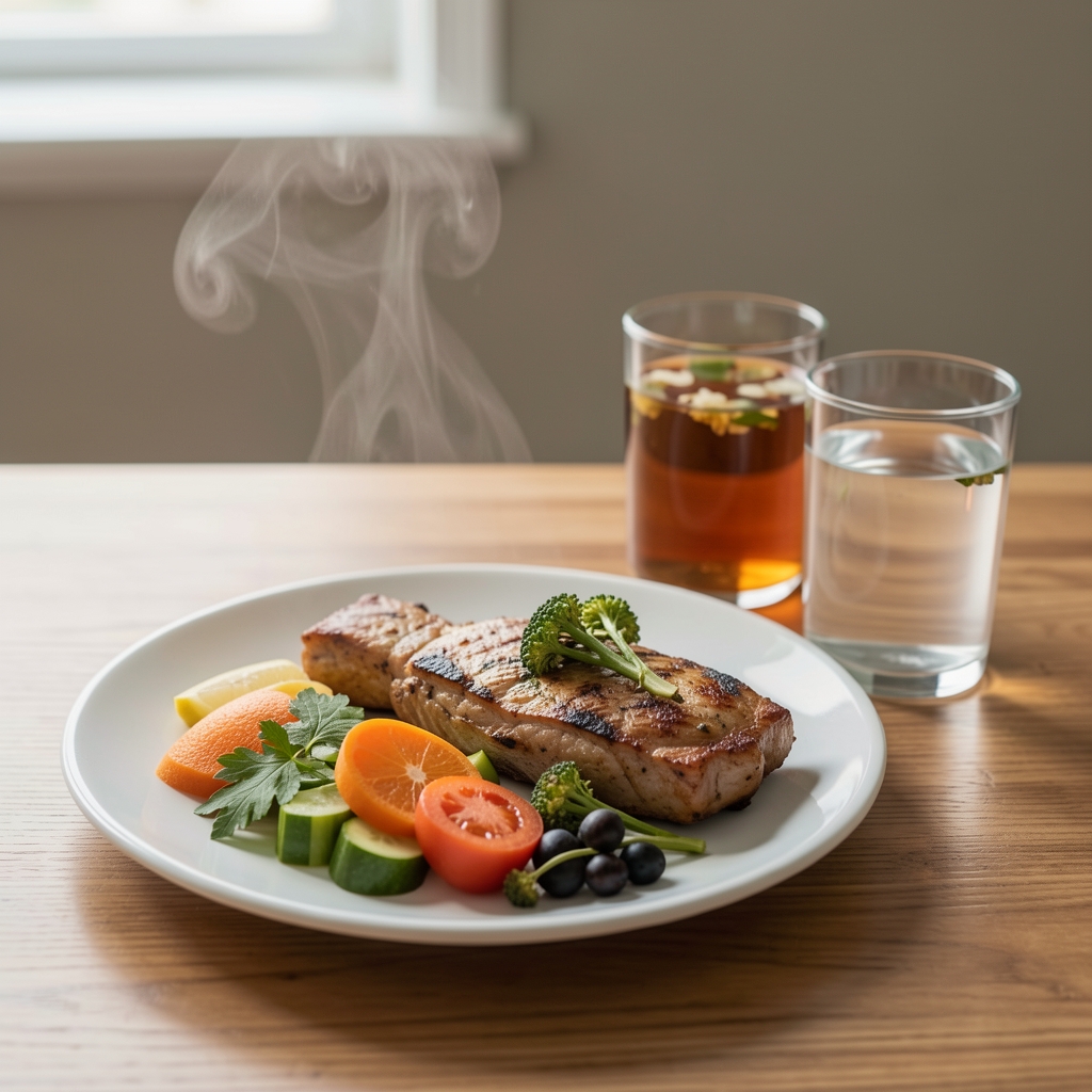 Egyszerű, színes ebéd tányéron, mellette gőzölgő gyógynövényes tea és egy üveg víz